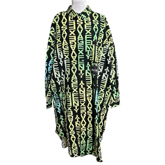 NWT Savage X Fenty Black and Green Graphic Button Up Shirt Dress. Size Medium - Picture 1 of 9
